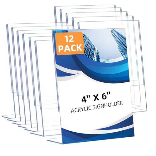 12 Pack Slanted Back Acrylic Sign Holders 4x6 for Business & Store, Tabletop Vertical Sign Holder with Anti-Slip Pads Clear Display Stand, for Menus Flyer Documents Office Restaurants Party Decoration
