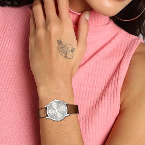 Image of Sonata Excl Fkt Plain 3 Hands Silver Round Dial Tan A1Leather Strap Women's Watch - NS8172SL02