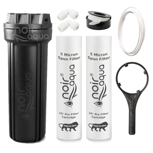 Image of Noir Aqua Pre Filter Assembly Kit with 2 Spun Filters Candles, Spanner, Pipe, Elbow & Telfon | External Pre Filter Housing Kit Compatible With All Branded /Non Branded Water Purifiers Filters, Black
