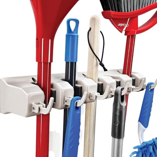 Home-it Plastic Mop&Broom Holder,5 Position With 6 Hooks Garage Wall Mount Storage Holds Up To 11 Tools Hanging Shelves,,Garage Storage Systems For Garage Shelving Ideas
