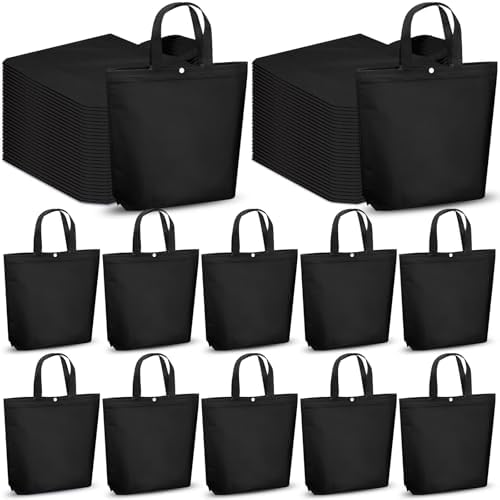Paterr 100 Pcs Reusable Grocery Bags Bulk Shopping Tote with Handle Non Woven Portable Foldable Tote Bag Gift with Button(Medium,Plain,Black)