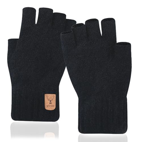 ZOCONE 2 Pairs Fingerless Knit Gloves for Men, Black Half Finger Gloves Thickened Thermal Winter Fingerless Gloves for Men and Women Outdoor Working Running Driving
