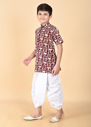 Image of Kids Traditional Pure Cotton Batik Printed Kurta & Dhoti Pant Set, Short Sleeve, White Bottom, Ethnic Wear