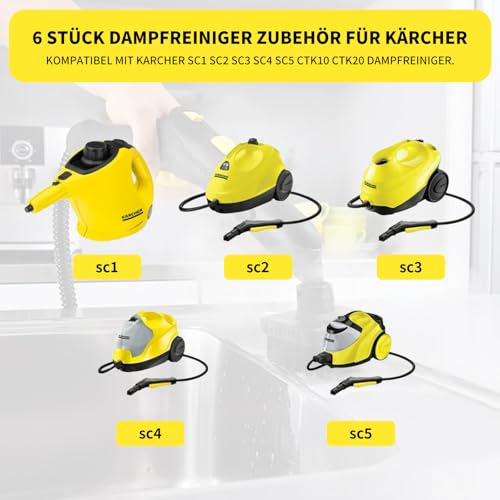 6 Stück Zubehör für Dampfreiniger Kärcher SC1 SC2 SC3 SC4 SC5 CTK10 CTK20, Düse Mundstück Bürste Dampfreiniger Ersatzteile, Stärkere Reinigungswirkung und Größere Reinigungsfläche