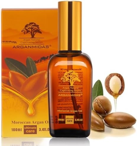 ARGANMIDAS Hair Oils, Moroccan Argan Oil for Hair and Face Skin Moisturizer, Leave Hair Soft & Shiny, Hair Treatment oil for Men Women Dry Damaged Frizzy Hair, 3.4 Fl Oz