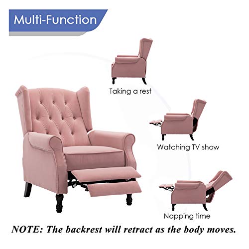 Artechworks Velvet Tufted Push Back Arm Accent Chair Recliner Single Reclining For Adjustable Club Chair Home Padded Seating Living Room Lounge Modern Sofa,Pink #TOP4