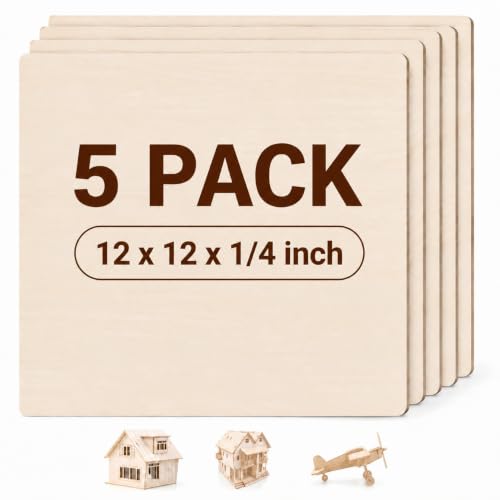 FSWCCK Unfinished Blank Square Wood Pieces, 5 Pack 6 mm 1/4" x 12" x 12" Craft Wood, Plywood Board Basswood Sheets, Perfect for DIY Projects, Drawing, Painting, Laser, Burning (5 Pcs 1/4" x 12" x 12")
