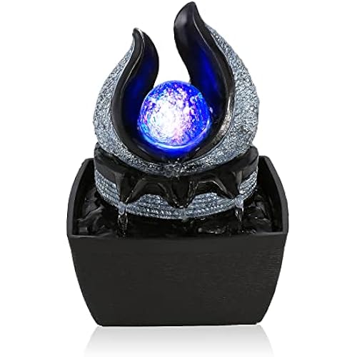 WICHEMI Water Fountains Indoor Waterfall Fountain Mini Tabletop Fountain with LED Rolling Ball Water Feature Indoor Zen Meditation for Home and Office Indoor Spaces Decor (Style 1)