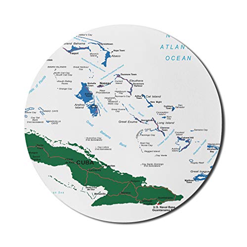 Ambesonne Tapis de souris pour ordinateur, carte des Bahamas, plage, îles Caïmans, géographie, district, vacances, tourisme, rond, antidérapant, caoutchouc épais, moderne, 20,3 cm, rond, vert chasseur