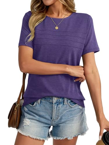 Womens Short Sleeve T Shirt Crewneck Pleated Shirts Dressy Casual Loose Fit Tee Summer Trendy Tops 20252