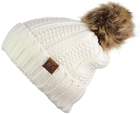 C.C Thick Cable Knit Faux Fuzzy Fur Pom Fleece Lined Skull Cap Cuff Beanie, Ivory - 1