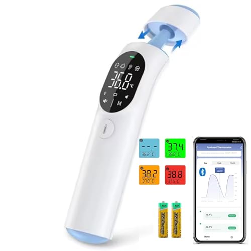 Termómetro frontal y auricular infrarrojo Bluetooth para adultos, niños y bebés | Termómetro médico sin contacto con aplicación de salud, alerta de fiebre, pantalla LED, función 4 en 1 Termómetro frontal y auricular infrarrojo Bluetooth para adultos, niños y bebés | Termómetro médico sin contacto con aplicación de salud, alerta de fiebre, pantalla LED, función 4 en 1