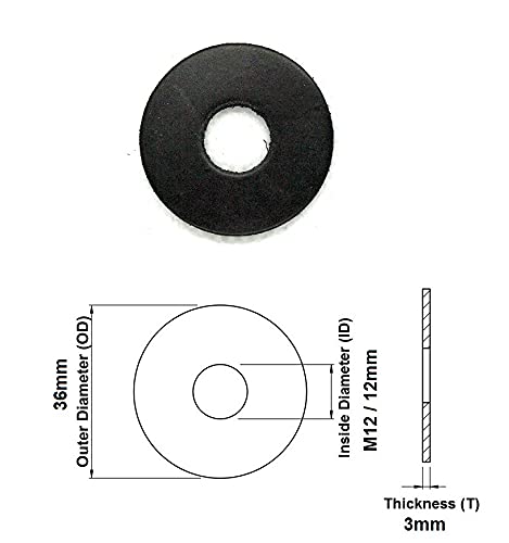 TERF® 10 Pcs Black Rubber Penny Washer M12 / 12mm X 36mm X 3mm Penny Washers Size: 12mm Inside Diameter (Hole) X 36mm Out Side Diameter X 3mm Thickness - Image 3