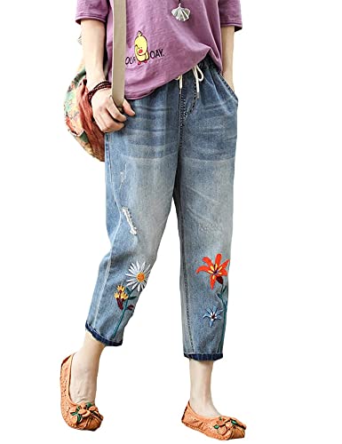 Kinghua Women's High Waisted Floral Embroidered Capri Jeans Casual Elastic Waisted Cropped Harem Pants