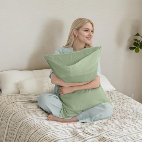 Image of TELUS Green Pillow Cases Queen Size 2 Pack, Bamboo Rayon Cooling Pillowcases with Envelope Closure, Cool Breathable Pillow Cover for Hot Sleepers & Night Sweats, 20x30 inch