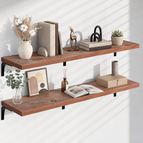 Image of 12 Inch Deep Floating Shelves Set of 2, 60 Inch Extra Wide Brown Solid Wood Wall Shelves, 5ft Heavy Duty Farmhouse Wall Mounted Shelving for Kitchen, Living Room & Bedroom