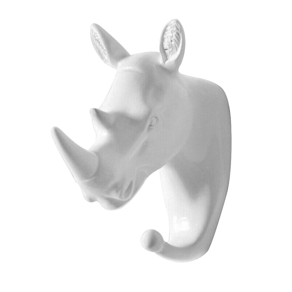WOVEBIUS 3D Animal Head Wall Hanger Resin Coat Hat Hanging Hook Heavy Duty Holder Rack Home Decoration Type 6,White,Rhino