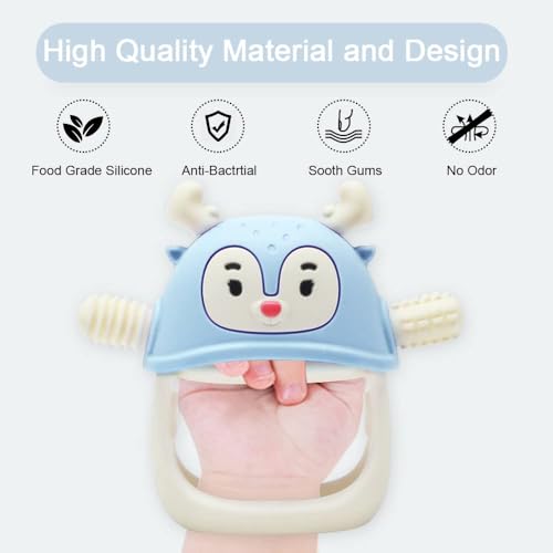 Image of Reindeer Organic Baby Toys 0-6Months, Mitten for 3-6Months, Easy to Hold Stem with Chewing Nubs for Teething Pain Relief for 6-12Months Babies,(Light Blue)