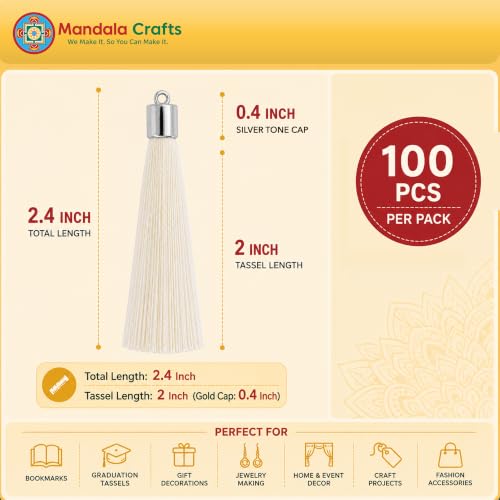 Image of Mandala Crafts Silver Tone Cap Cream Silky Bookmark Tassels with Loops