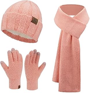 Womens Winter Warm Knit Beanie Hats and Touchscreen Gloves Long Scarf Sets with Sequins Thick Fleece Lined