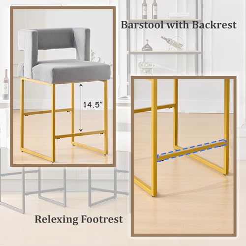 Image of 26 inch H Velvet Bar Stools Set of 6, Counter Height Bar Seats with Square Back, Modern Upholstered Armless Barstools with Metal Gold Legs for Kitchen Island Dining Room Bar, Grey