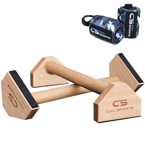 CALI SPORTS Calisthenics Wood Parallettes Bars | Push Up Bar That Will Not Slip or Wobble | Wrist Wraps Included (Long)