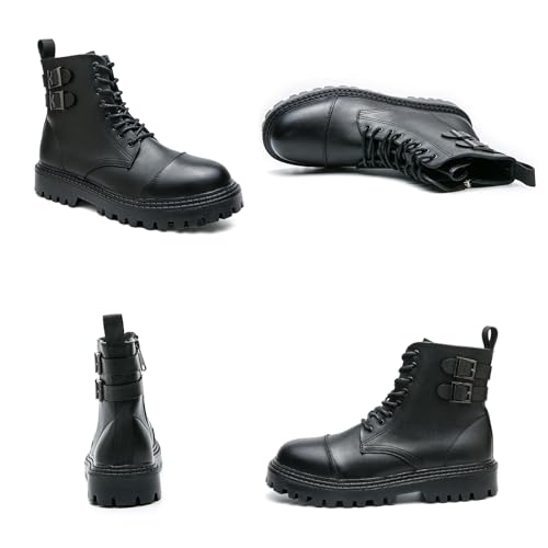 Men'S Leather Lace-Up Platform Combat Boots Fashion Side Zipper Round Head Buckle Strap Chunky Lug Sole High Top Motorcycle Boots Comfort Non-Slip Waterproof Casual Ankle Booties3