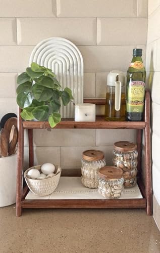 Image of Wooden Multipurpose 2 Tier Shelf Kitchen Rack, Solid Wood Grocery Coutertop Spice Rack, Sugar Containers, Jars, Bottles, Utensils Organiser Holder for Kitchen Countertop (Brown)