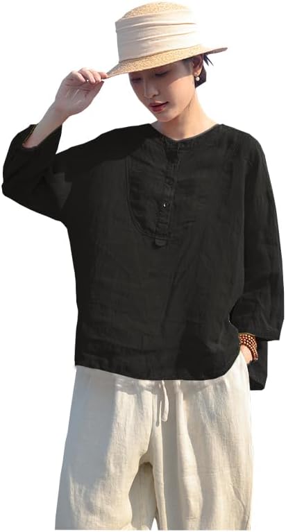 High-end Linen Women's Seven Quarter Sleeve T-Shirt Temperament Elegant Crew Neck Top Loose Size