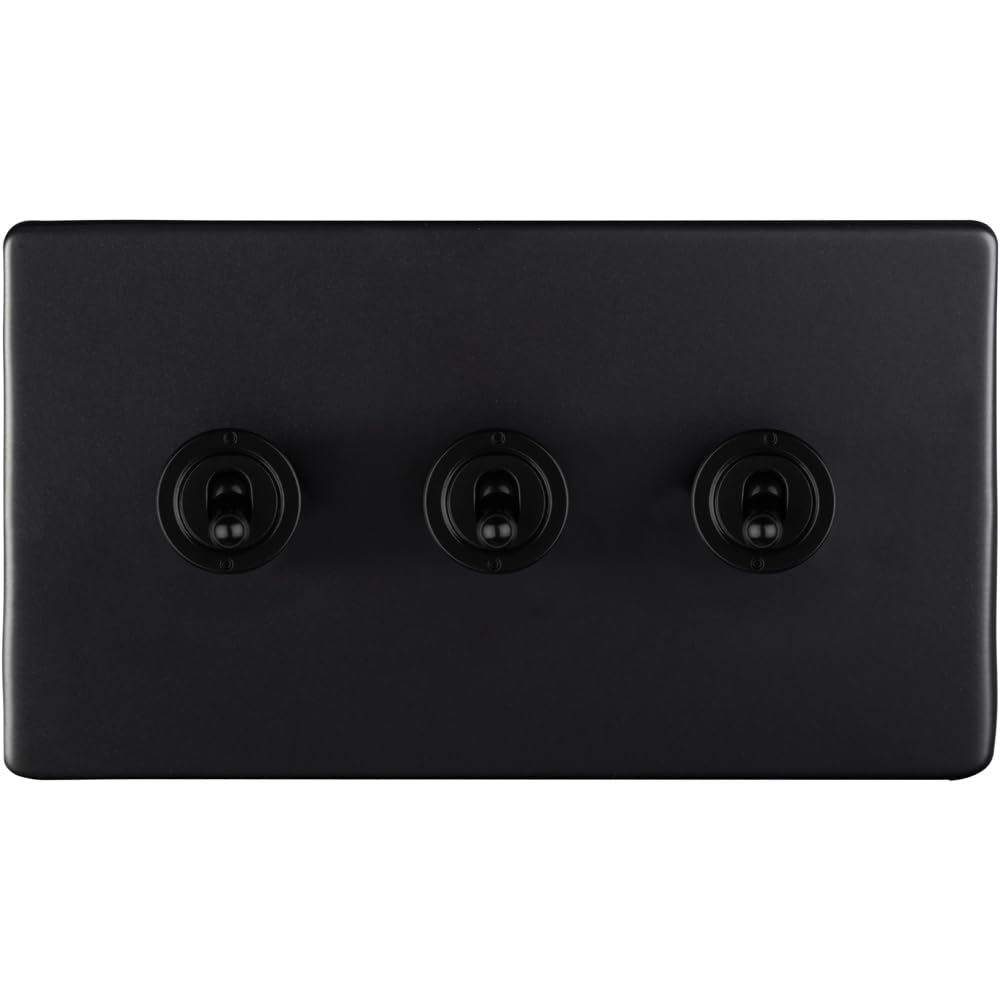 Loops 3 Gang Triple Retro Toggle Light Switch Screwless Matt Black 10A 2 Way Lever