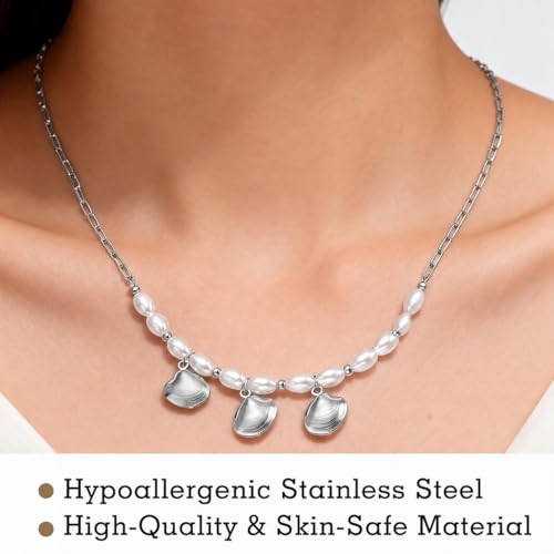 Seashell Charm Simulated Pearls Necklace for Women, Silver — view 2