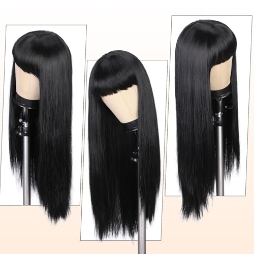 Image of Black Color Synthetic Hair Wigs with Full Bangs Long Straight Wig Natural Soft Hair Heat Resistant Synthetic No Lace Wigs for Women