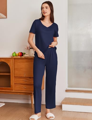 Ekouaer Pajama Sets for Women 2 Pack, Short Sleeve with Long Pant Pjs Sleepwear Comfy Lounge Sets with Pockets - Image 4