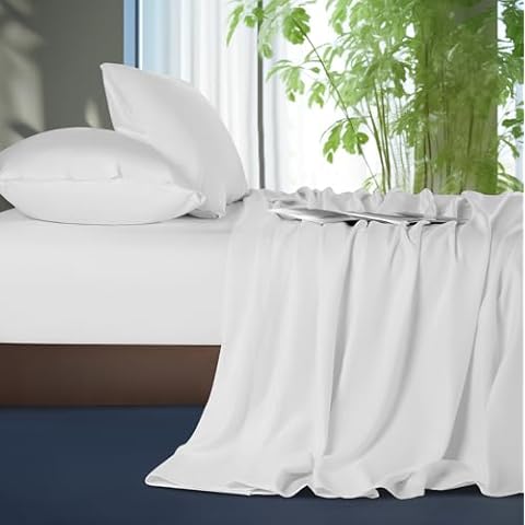 Shilucheng Tencel Sheets 4 Piece, 100% Eucalyptus Lyocell Sheets Set, Cooler Than Cotton and Linen, Summer Cooling Breathable Bed Sheets for Hot Sleepers, 16 Inch Deep Pockets (White, Queen) Cover