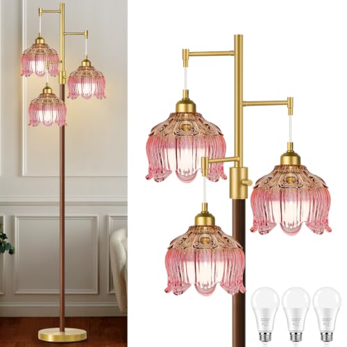 Image of Vintage Floor Lamps for Living Room 3 Light Glass Floor Lamp with Pink Glass Lampshape, Dimmable Flower Floor Lamp Gold Mid Century Modern Standing Lamp Tall Tree Wood Floor Lamp for Bedroom Corner