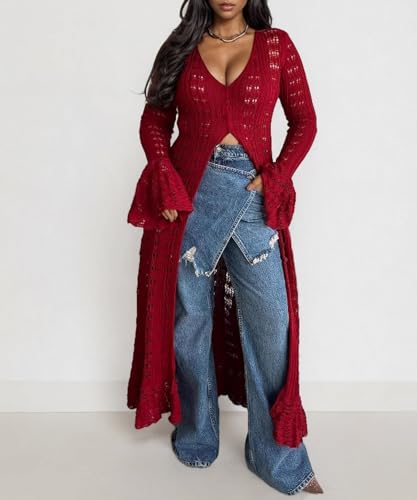 Image of Unybwonn Long Cardigans for Women Crochet Hollow Out Knit Sweater Cover up Maxi Dress Long Sleeve Button Down Cardigan
