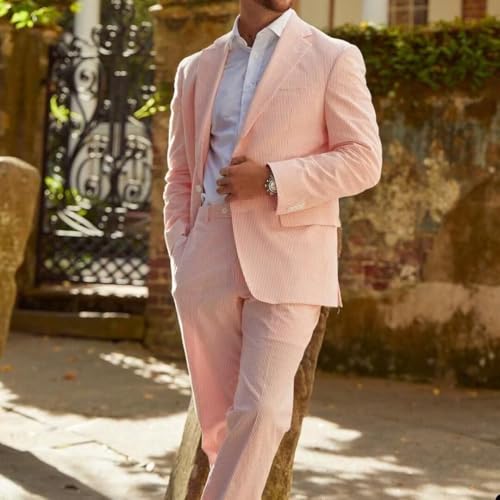 Seersucker Suit Mens Striped Casual Classic Fit 2 Piece Big and Tall Pink Suit for Men Summer Wedding3