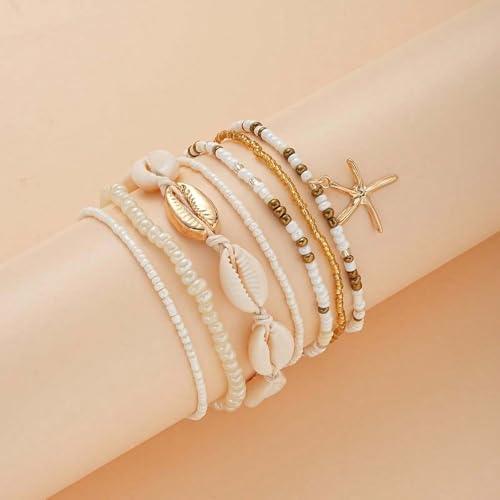 image for Qceasiy Shell Ankle Bracelet Set for Women, Gold Plated Boho Bead Adju