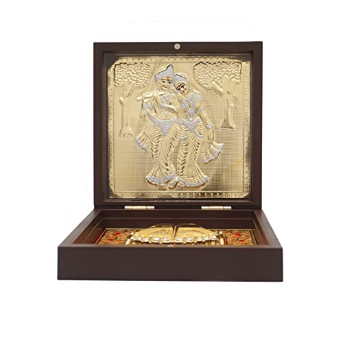 Image of Idolkart Radha Krishna murti Pocket Temple 24 Karat Gold Coated - Photo Frames, Gift, Radhakrishna Pooja Box Crafted from Wood,for Wealth, Prosperity and Vastu Benefits - Housewarming Gift - 2x3