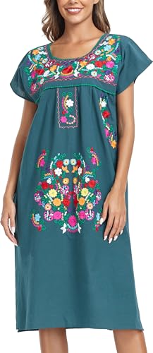 Image of YZXDORWJ Women Mexican Embroidered Long Dress Ruffle Collar Maxi Boho Floral Summer Short Sleeve
