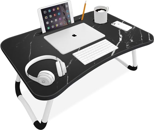 Blisswood Laptop Bed Table Lap Standing Desk, Sofa Breakfast Bed Tray Folding Laptop Lap Desk Cup Holder Notebook Stand Steel Legs 60x40x28cm for Reading Writing Working, Marble Black