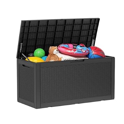 DRATO 100 Gallon Large Deck Box, Outdoor Storage Box for Patio Furniture, Patio Cushions, Gardening Tools, Pool Supplies,660lbs Weight Capacity,Waterproof Resin Storage Boxes (Black)…