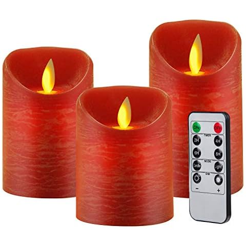 CPROSP Battery Candles Real Wax 3 Pack, LED Flameless Candels 3.94'' 4.92'' 5.9'' with 10 Key Remote Control with Timer (2/4/6/8 H, 4 Mode, Dimmable), Red, for Gift Decoration for Party, Wedding Cover