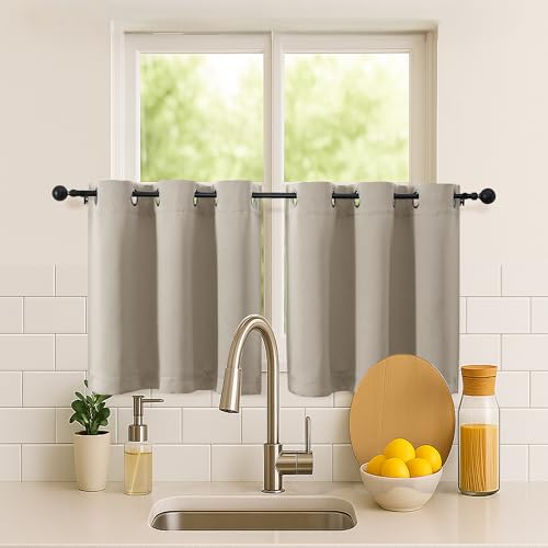Image of Simplebrand Stone Short Kitchen Curtains 24 Inch Length 2 Panels Set, Small Windows Room Darkening Curtain for Bathroom, Cabinet, Basement, RV Camper, Thermal Insulated Short Drapes, 40 x 24 Inch