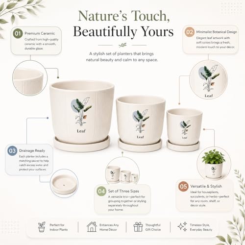 Image of Xtore Refreshing Botanical Ceramic Planter Set with Drainage Saucers | Decorative Planter Pots for Living Room & Modern Plant Display (Set of 3, Ivory Beige - Planters only)