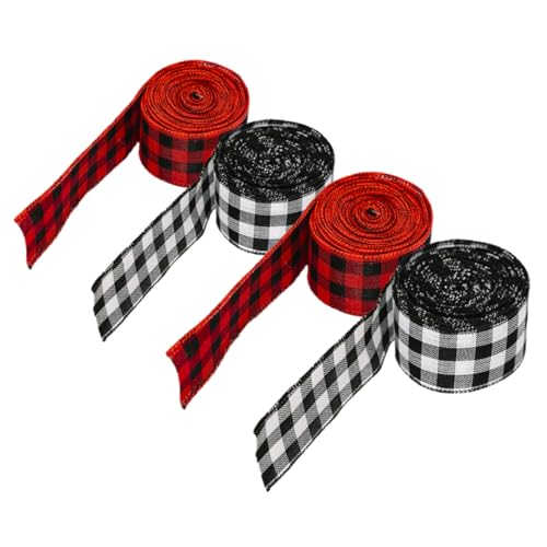 Frcolor 4個 クリスマス デコレーション リボン ヴィンテージ リボン ボウ 用 プレゼント クリスマス ツリー デコレーション チェック柄 ボウ 用 リース 生地