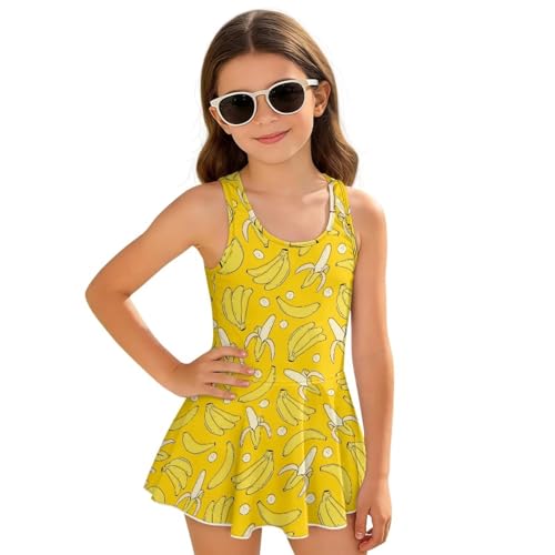 Noteligou Banana Print Girls Swimsuit Size 5-6 One Piece Swim Dress with Skirt Stretch Easy Care Fabric for All-Day Comfort Quick Dry Cute Swimwear for Summer Pool Fun Family Beach Days