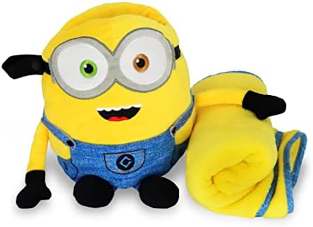 Roamwild Universal Despicable Me Bob Minions Kids Travel Pillow and Travel Blanket Set – Soft Plush Armrest Buddy Transforms Any Armrest Into a Comfy Childs Pillow for Travelling