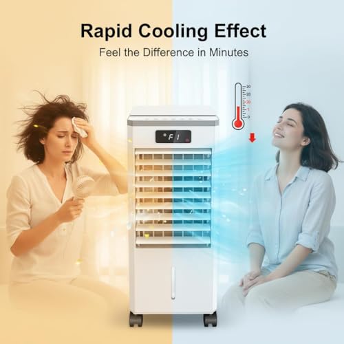 Portable Evaporative Air Cooler Fan - 7L (1.84 Gal) Water Tank, 3 Speeds & Modes, Touch Display & Remote, Auto Swing, LED Display, Ice Packs, Casters - for Bedroom Office Home, Whi image 1