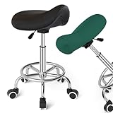 Sattelhocker Ergonomisch - Bequemer Sattelstuhl mit einem breiten Sattelsitzkissen, drehbarer, verstellbarer Sattelhocker mit Rollen und Ringpedal für Medizin,Massage, Salon, Schwarz & Grün Set